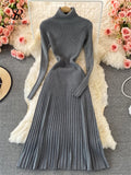 Runhufu Women Pleated Knitted Dress Turtleneck Long Sleeve Elastic Slim Pencil Dress Autumn Winter Sexy Bodycon Sweater Dress