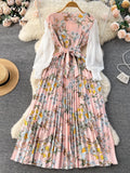 Runhufu Ethnic Style Print Dress Women Spring New Fashion Puff Sleeve Lace-up Design Sheath 2024 Retro A-Line Long Dress