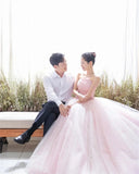 Runhufu A Line Light Pink Formal Party Dresses Strapless Corset Back Korea Wedding Photo Shoot Dress Women Prom Evening Gowns