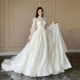 Runhufu High Collar Elegant A Line Wedding Dress Lace Puff Long Sleeves High Neck Korea Wedding Bridal Gowns Robe de mariage