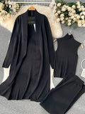Runhufu Winter Casual Knitted Three Pieces Suits Women Long Sleeve Cardigans+Turtleneck Knit Tank Top+Warm Long Pant Sets
