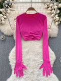 Runhufu American Hotsweet Streetwear Y2K Tops Cropped O Neck Long sleeved Connecting Gloves Design Fashion Sexy Slim Blouse