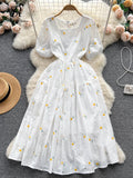 Runhufu Fashion Sweet Long Sundress Women Square Collar Short Puff Sleeves Embroidery Floral Ruched Zipper Beach Style Dress