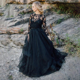 Runhufu Long Sleeves A-Line Black Wedding Dress with Removable Lace Jacket Long Tulle Bridal Dress vestido de novia corto