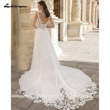 runhufu A-Line Split Chiffon Illusion Bodice Backless Beach Wedding Dresses for Women Appliques Summer Boho Bride Dress