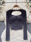 Runhufu Women Sporty Tops Square Collar Long Sleeve Backless Kink With Chest Pad Slim Fit American Streetwear Sexy Mini Blouse
