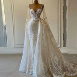 Runhufu Sparkly Sequin Wedding Dresses for Womem 2024 Mermaid Crystals Long Sleeves with Detachable Train African Bridal Gowns