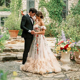 Runhufu Colorful Embrioiderey Puffy Mesh Wedding Dress Off Shoulders Sweetheart Overlay Tulle Champagne Bloom Flower Bridal Gowns