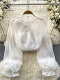 Runhufu Ruffles Sweet Sheer Blouse O Neck Long Sleeves 3D Floral Loose Top Korean Style Streetwear Vintage OL Casual Shirt