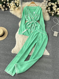 Runhufu Fashion Sweater Two Pieces Sets Ladies Long Sleeve Knit Cardigan+Wide Leg Long Pant Sets Women OL Loose Knitted Suits