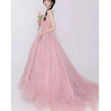 Runhufu A Line Wedding Dresses Fashion Spaghetti Straps Evening Dress With Small Train Sweet Pink Tulle Sukienka Na Wesele