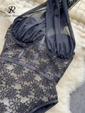 Runhufu Women Halter Floral Embroidery Bodysuits French Style Lace Slim Playsuits Streetwear Backless Transparent Sexy Rompers