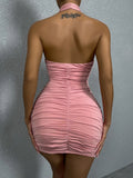 Runhufu Cross Halter Neck Women Bodycon Dress Sexy Solid Color Sleeveless Pleated Ruched Mini Sheath Dress Party Backless Wear