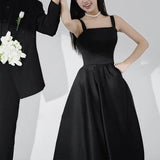 Runhufu New A Line Wedding Dresses Fashion Spaghetti Straps Floor-length Bridal Dress Black Satin Simple Elegant Vestidos De Novia