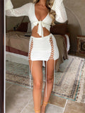 Runhufu White Cutout Crochet Knit 2 Pieces Suits Women Summer Beach Wear Outfit Long Sleeve V-Neck Tie-Up Crop Tops+Mini Skirts