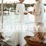 Runhufu Mermaid Wedding Dresses Long Sleeve O-Neck Open Back Simple Button Satin Bridal Gown Sweep Train Vestidos De Noiva 2024