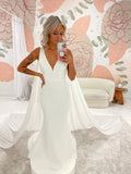 Runhufu Neck Column Crepe Wedding Dress Detachable Chiffon Shoulder Wings Custom Made Belt Simple V Neck Backless Satin Bridal Gowns