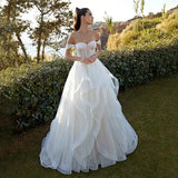 Runhufu A Line women's wedding dress sexy off-the-shoulder bridal dress Layer Sweep train dress Custom Made vestidos de novia