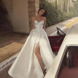 Runhufu Ivory A Line Wedding Dresses Mono Satin Sexy High Split Bridal Gowns Bohemian Wedding Bride Dress Lace Up Back