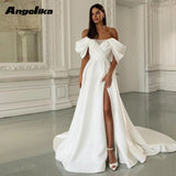 Runhufu Modern Satin Wedding Dresses for Women Backless High Slit Off the Shoulder A-line Chapel Train Vestido De Casamento