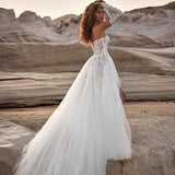 Runhufu White A-Line Wedding Dresses Elegant Lace High Split Appliques Bridal Gowns Boho Beach Sweetheart Wedding Gowns Custom Size