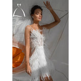 Runhufu 2024 Feathers Sleeveless V-Neck Tulle White Mini Wedding Dress For Women A-Line Above Knee Short Bridal Gown Custom Made