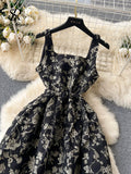 Runhufu Temperament Embroidery Lace Dress Women Zipper Belt Off Shoulder Sleeveless French Floral Spaghetti Strap Long Dress