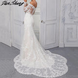 Runhufu Off The Shoulder Wedding Dresses V-Neck Tulle Lace Appliques Mermaid Bride Gowns Button Zipper Train Vestidos De Noiva