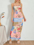 Runhufu Chic Floral& Fish Print Spaghetti Strap Long Dress Women's Summer Elegant Sleeveless O Neck Wrap Slip Bodycon Dress