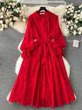 Runhufu French Hotsweet Long Dress Women O Neck Lantern Sleeve Fashion Single Breasted Lace up Design Embroidery Lace Dress