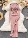 Runhufu Women Korean Knitted Dress Long Sleeve V Neck Elastic Slim Pencil Dresses 2024 Autumn Sexy Bodycon Split Sweater Dress