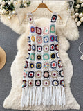 Runhufu 2024 Sunmmer Knitted Dress Hook Flower Hollow Out Tassel Women Slim Streetwear Original Design Fashion Vintage Dress