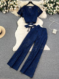 Runhufu High Street Women Lace Slim Two Pieces Suits Summer Lace Up Short Top+Wide Legs Long Pants Set Retro Lace Floral Sets