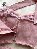 Runhufu Denim Pink Sexy Women Sets Zipper Sashes Button Pocket Irregular Strapless Backless Top Denim Skirt Two Piece Set