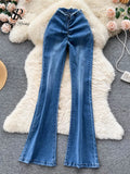 Runhufu American Retro Women Long Jeans Drawstring Zipper Design Flare Britches Streetwear Vintage Hotsweet Ins Denim Pants