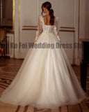 Runhufu Wedding Dresses Gown Lace Appliques Long Sleeve V-Neck Fluffy Mopping Bridal A Line Pockets Backless Elegant New 2024