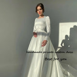 Runhufu Satin A Line Princess Wedding Dresses Long Sleeve Square Neck Elegant Bride Dress Civil Wedding Bridal Gowns