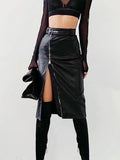 Runhufu Black PU Leather High Waist Pencil Skirts Vintage Grunge Women Streetwear Zipper High Split Bodycon Midi Skirt with Belt