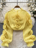 Runhufu High Quality Organza Women Blouse 2024 Ruffles Neck Long Sleeves Loose Sweet Top Korean Style 3D Floral Sheer Shirt