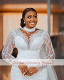 Runhufu Plus Size Arabic Sheer Neck Mermaid Wedding Dresses Sexy Long Sleeves Lace Beaded Bridal Gowns Vestidos De Novia