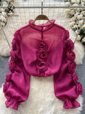 Runhufu High Quality Organza Women Blouse 2024 Ruffles Neck Long Sleeves Loose Sweet Top Korean Style 3D Floral Sheer Shirt