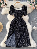 Runhufu Square Collar Polka Dot Dress Women Short Puff Sleeves 2024 New Ssummer Beach Sundress French Sweet Chiffon Long Dress