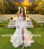runhufu Sparkly Dotted Tulle Wedding Dresses Sweetheart Puff Sleeves High Side Split A-Line Wedding Gown Princess Bridal Gowns