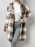 Runhufu Women's Plaids Plush Warm Coats Fashion Winter Fuzzy Fleece Long Jackets Street Long Sleeve Lapel Buttons Outerwear