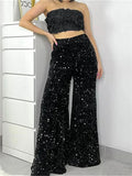 Runhufu Shiny Sequins Wide Leg Pants for Women Fashion Elastic High Waist Long Trousers Party Casual Streetwear Bottoms