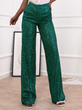 Runhufu Shiny Sequins Wide Leg Pants for Women Casual Loose Elastic High Waist Straight Leg Trousers for Office Streetwear