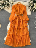 Runhufu Spring French Style Chiffon Long Dress 2024 Long Sleeve Single Breasted Fashion Belt Women A-Line Elegant Party Dress