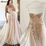 Runhufu Light Champagne Wedding Dresses 3D Flowers Spathetti Straps A Line Wedding Gown Beach Sweetheart Wedding Gowns