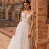 Runhufu Spaghetti Straps Wedding Dress Sleeveless 2023 Lace Fashion Beads Tulle Bride Dress V-neck Backless A-Line Vestido De Novia