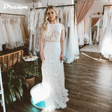 Runhufu Lace O Neck Sleeveless Sheath Boho Wedding Dress For Women Open Back Sweep Train Civil Bridal Gown